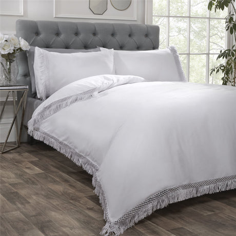 Set of Tia Trellis duvet cover and matching pillowcases featuring contrasting lace trim, perfect for contemporary bedrooms