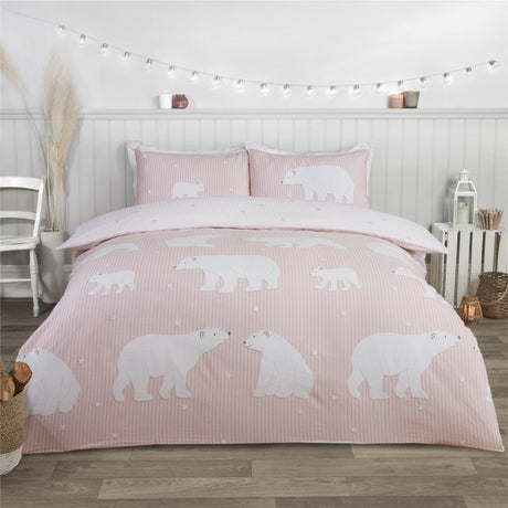 Polar bear scattered print on grey brushed cotton duvet cover with reversible starry striped design