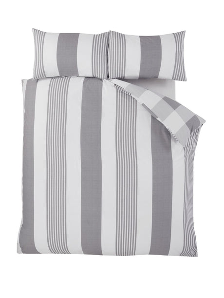 Double size duvet set showcasing the stylish stripe front and check reverse, includes two matching pillowcases