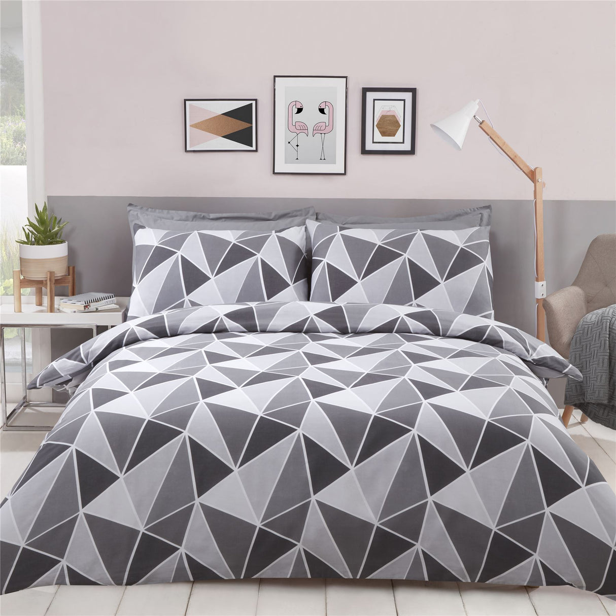 Contemporary blush pink and grey geometric leo duvet cover set 