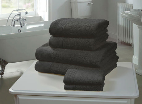 Close-up of the Grey Happy Home 100% Cotton 600GSM Bath Towel highlighting its plush, absorbent, and long-lasting fabric with a textured surface