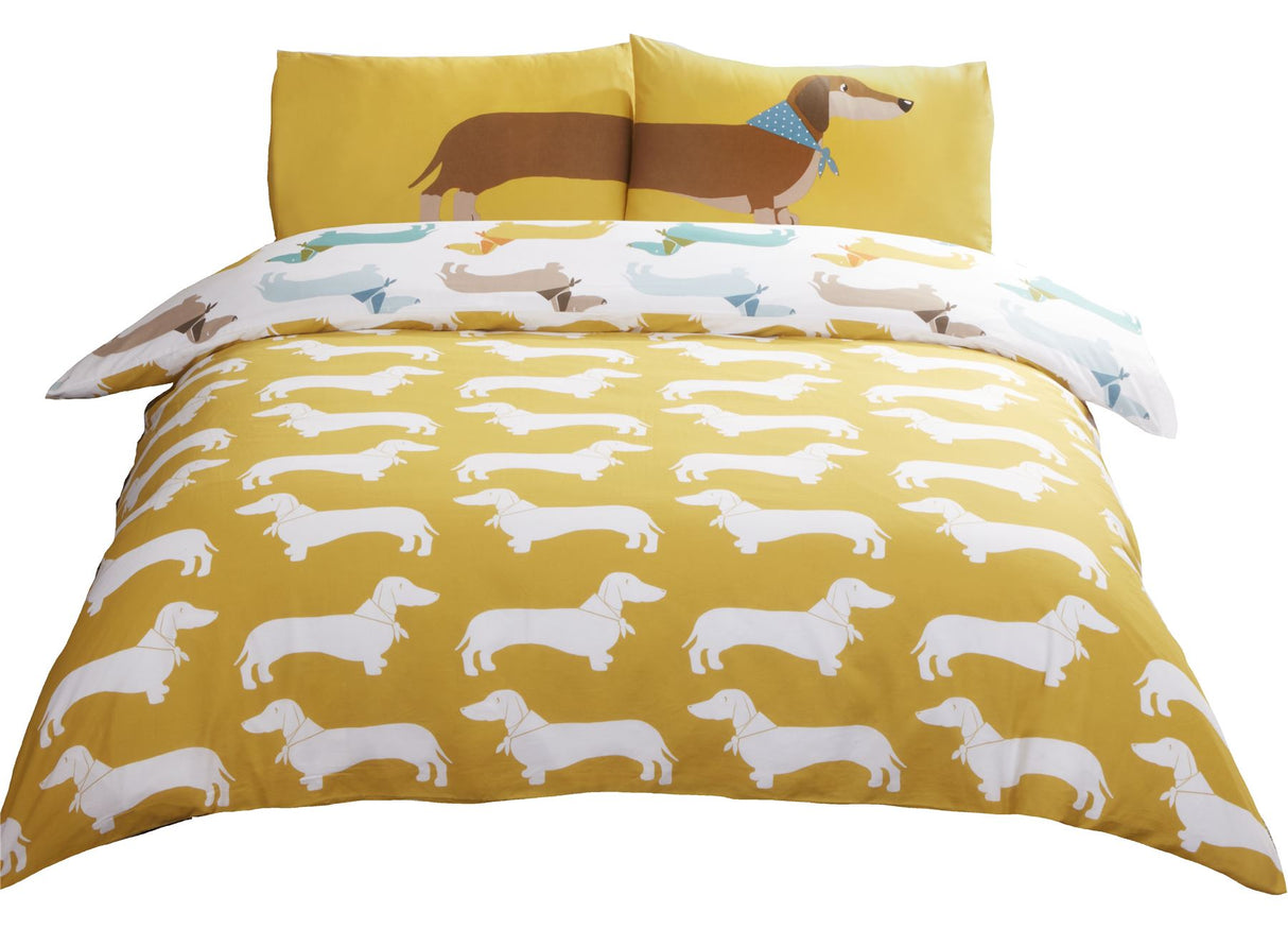 King size sausage dog duvet cover displaying the contemporary multicolour design and easy-to-use popper fastenings