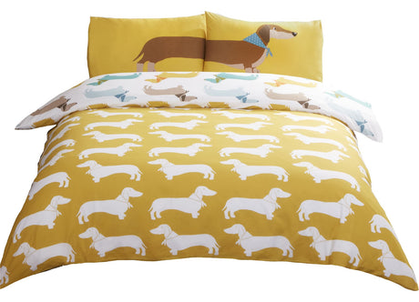 King size sausage dog duvet cover displaying the contemporary multicolour design and easy-to-use popper fastenings