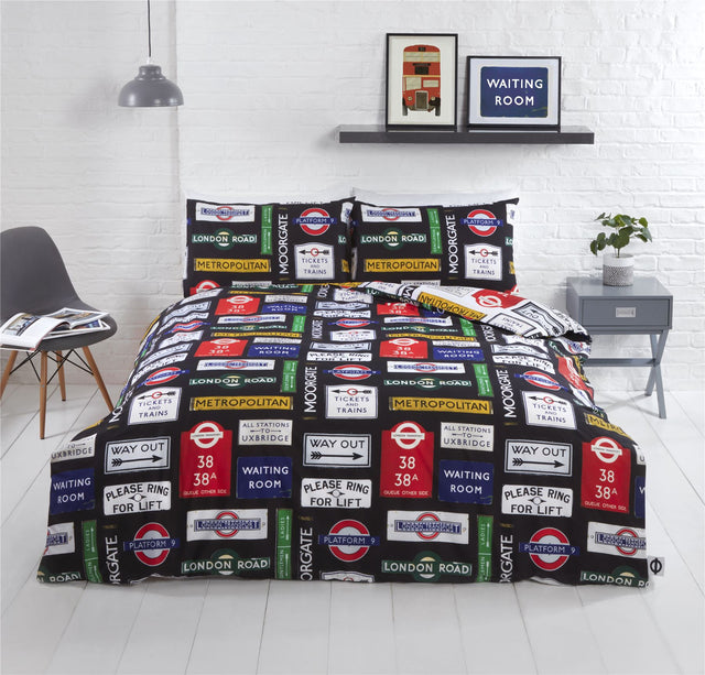 TfL London signs duvet cover set with retro underground signs