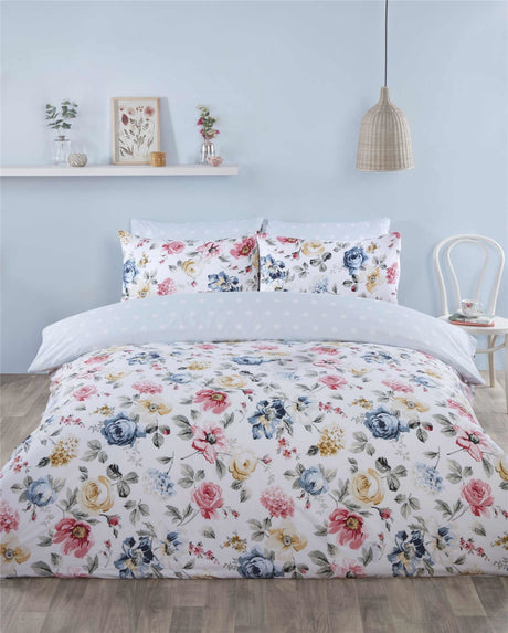 Bright floral bloom duvet cover with blue polka dot reverse, fully reversible design