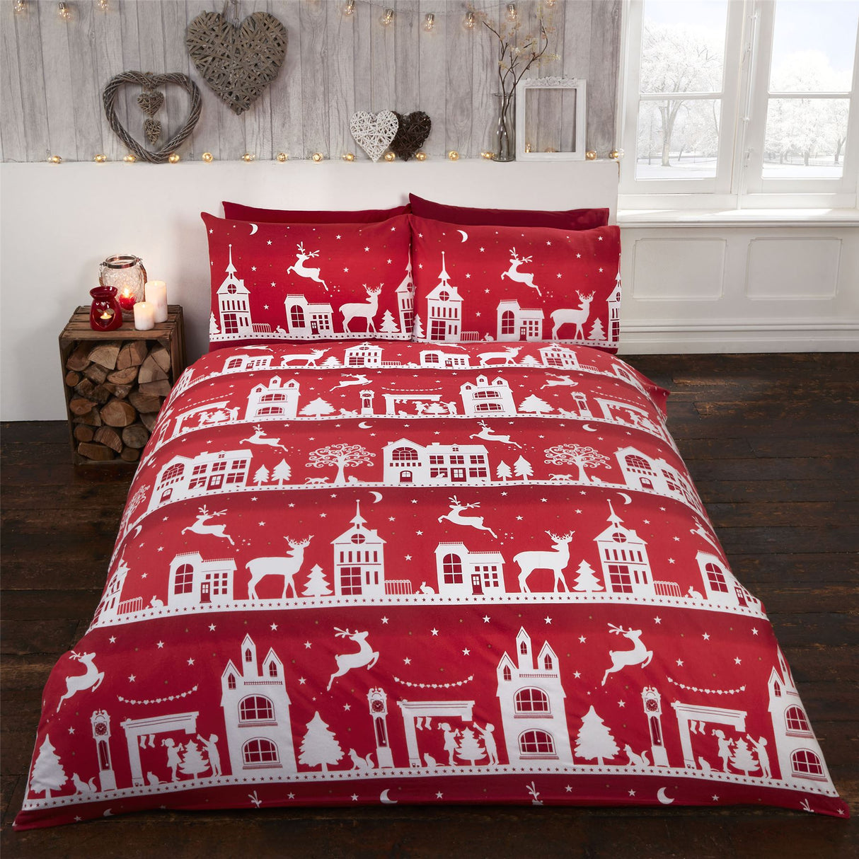 Reindeer Road Brushed Cotton Duvet Set in red and grey