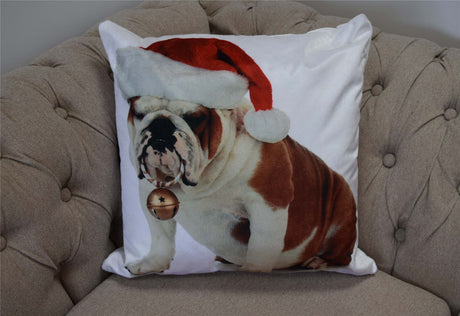 A festive Christmas velvet cushion measuring 43x43cm featuring a playful bulldog with a bauble
