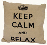 Soft chenille cushion with keep calm and carry on slogan