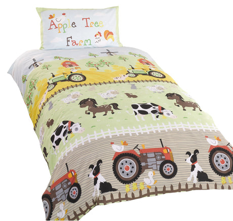 A charming Apple Tree Farm Duvet Set showcasing farmyard friends, available in toddler and single sizes with matching pillowcases and popper closing mechanism