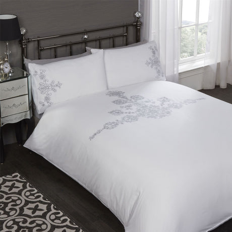 Elegant Amelie duvet set featuring embroidery, sparkle accents, and matching pillowcases for a stylish bedroom upgrade