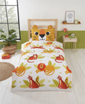 Bright children's duvet set featuring large wild cats in vibrant orange and green colours with a reversible design