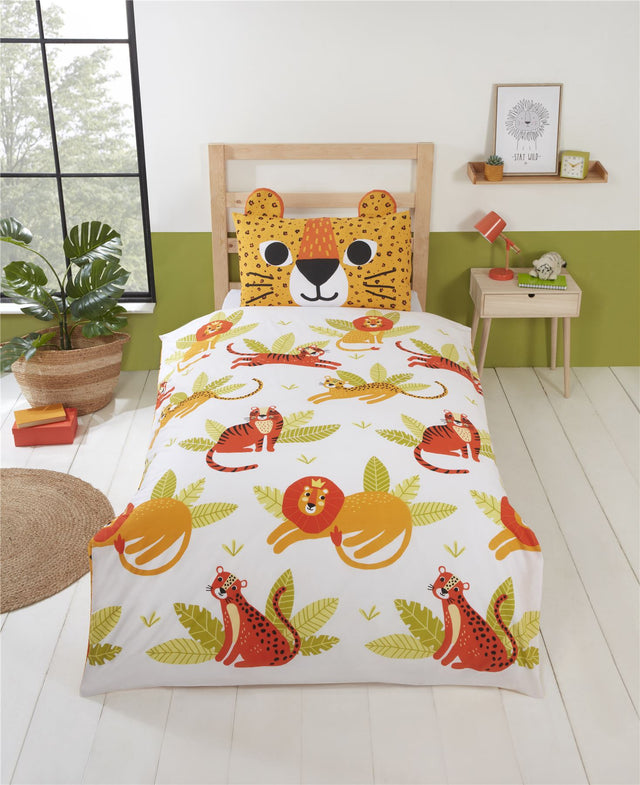 Bright children's duvet set featuring large wild cats in vibrant orange and green colours with a reversible design
