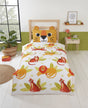 Bright children's duvet set featuring large wild cats in vibrant orange and green colours with a reversible design