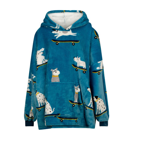 A trendy dog wearing the Skater Dog Fleece Hoodie Multi riding a skateboard outdoors