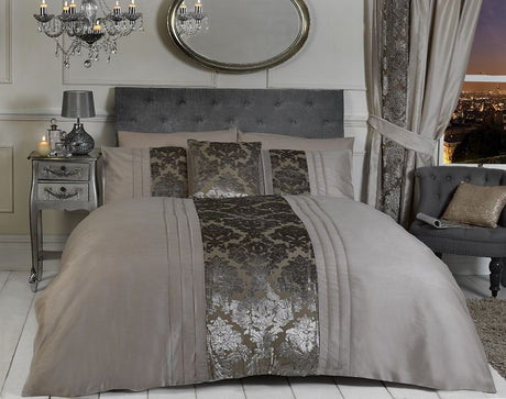 Luxurious Imogen Duvet Set featuring velvet damask devore in soft mink colour
