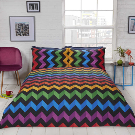 Bright, fun duvet set showcasing a vibrant zig zag 3D pattern on the front and colourful stripe print on the reverse