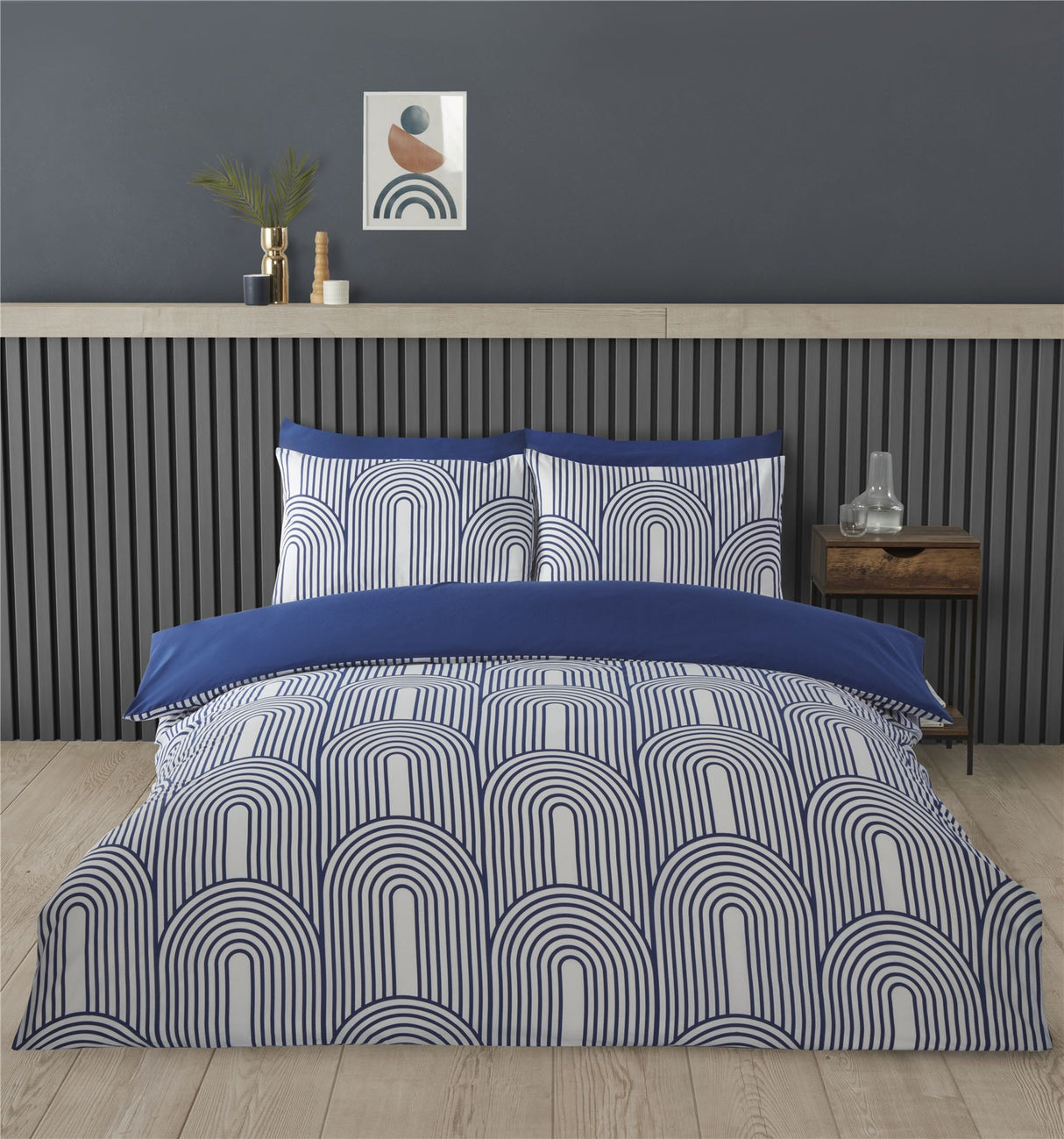 Luxurious Arches Duvet Set featuring a modern geometric pattern in calming ochre or blue
