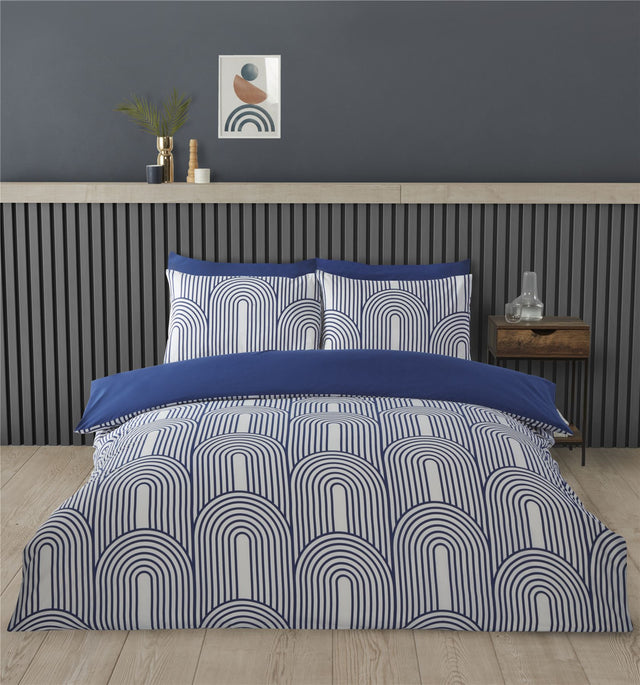Luxurious Arches Duvet Set featuring a modern geometric pattern in calming ochre or blue