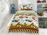 Bright and colourful Under Construction Duvet Set featuring a playful work yard design with bold colours and a popper closure