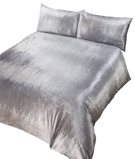 Full view of Tiffany duvet set in various bed sizes, highlighting its sparkling design and sumptuous material