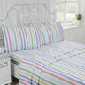 A cosy Candy Stripe Brushed Cotton Sheet Set featuring bright pastel shades, including a fitted sheet, flat sheet, and matching pillowcases, made from super soft 100% brushed cotton for comfortable winter nights