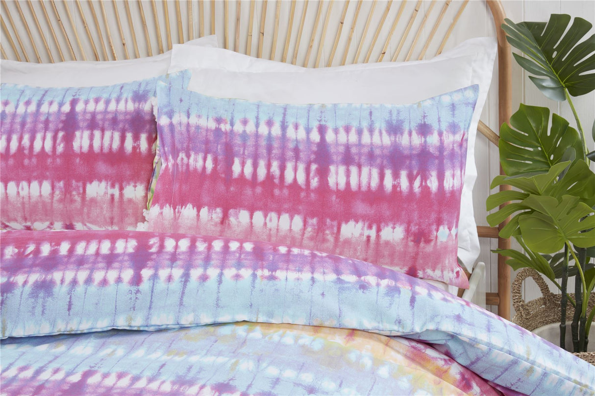 Fun and trendy tie dye duvet cover with vibrant colours and included matching pillowcases for single, double, and king beds