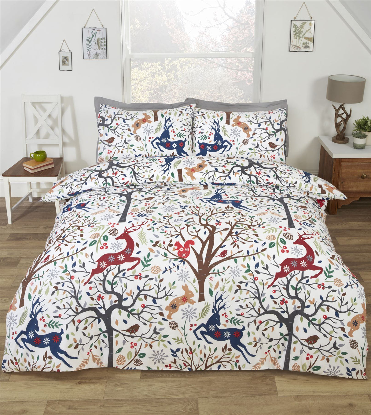 Reversible skandi-inspired design featuring cute rabbits and squirrels 