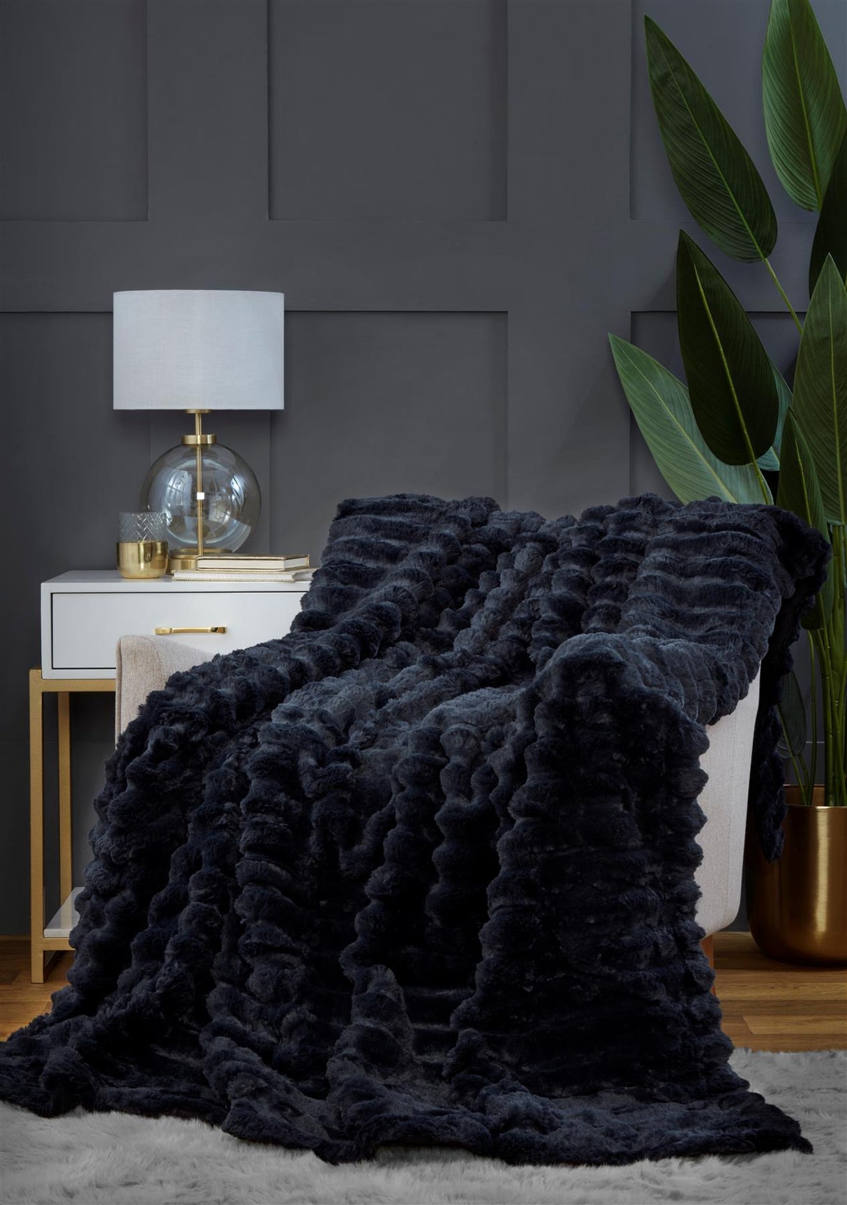 Decorative shot of the rabbit fur throw as a statement piece elevating home interior elegance