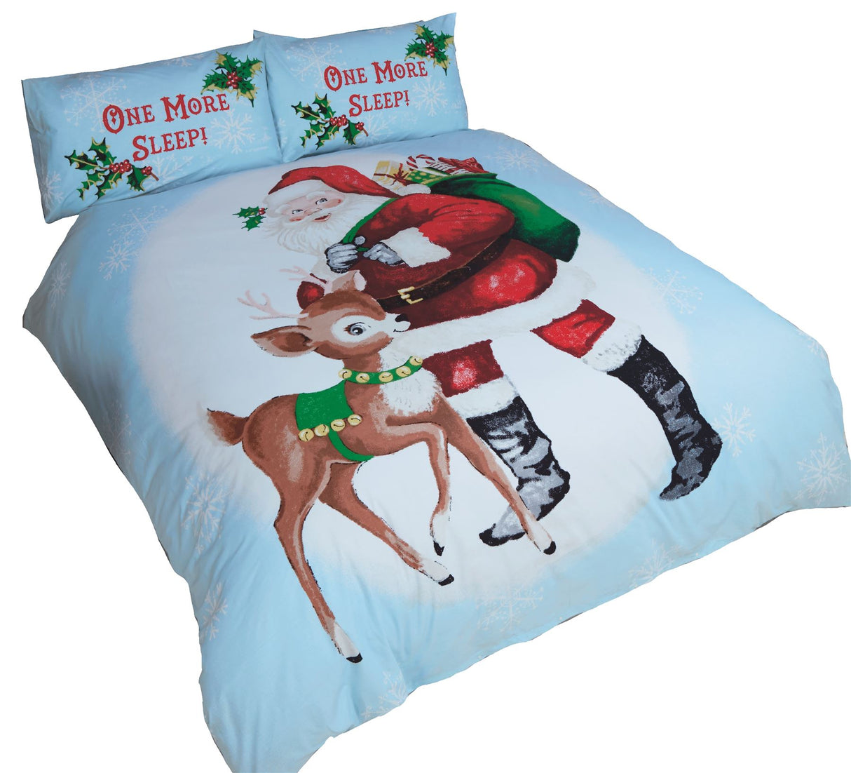 Fun holiday bedding with vintage-style Santa Claus and reindeer illustrations on a white and blue background for a cheerful Christmas bedroom decor