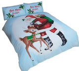 Fun holiday bedding with vintage-style Santa Claus and reindeer illustrations on a white and blue background for a cheerful Christmas bedroom decor
