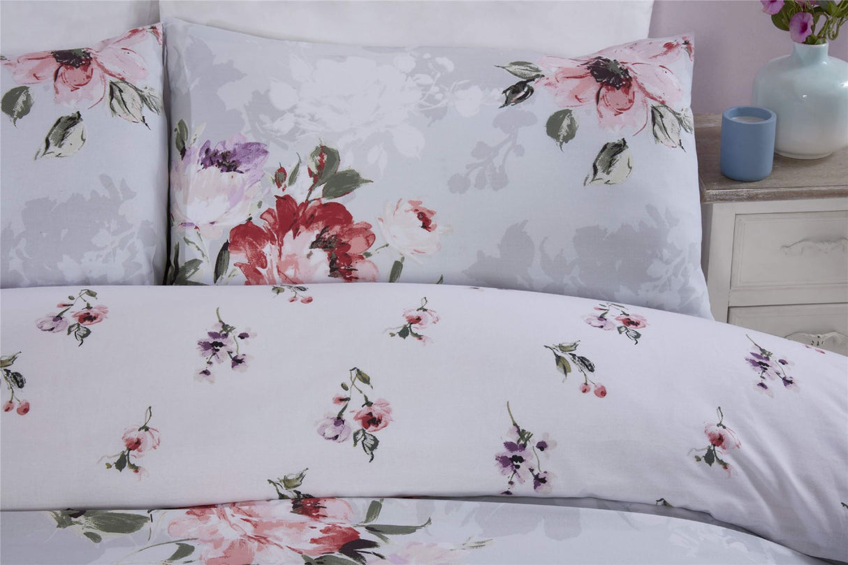 Soft grey Margo duvet cover with reversible floral design, made from microfibre for durability and easy care