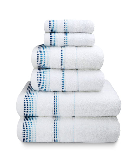 Display of the complete Berkley towel collection, including face cloths, hand towels, bath towels, and large bath sheets, all with sophisticated embroidery detailing