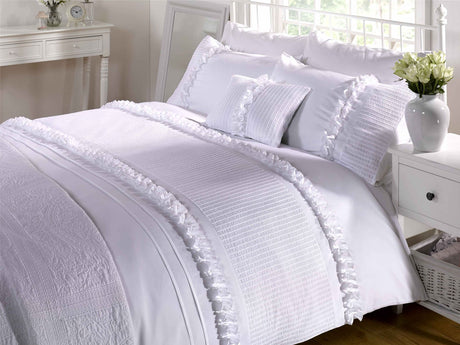 Intricately ruffled Serenity Duvet Set with vintage-inspired design and cotton seersucker banding