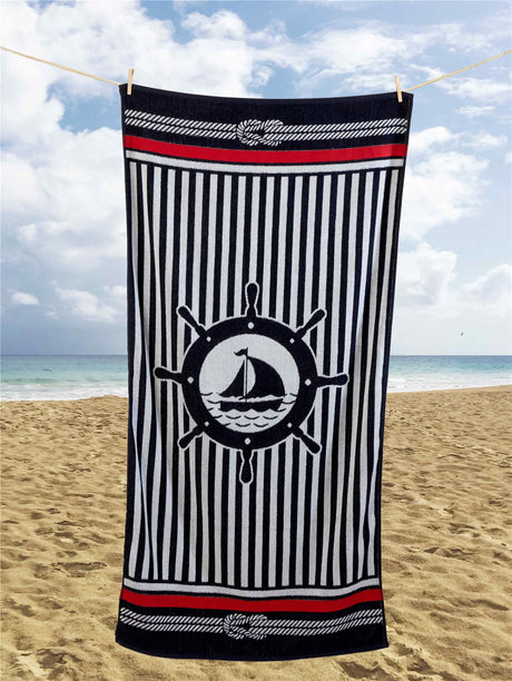 A nautical-themed beach towel measuring 85x160cm made from blended cotton, ideal for poolside or beach use and perfect as a gift
