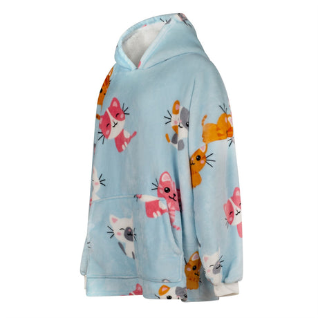 Relaxed fit fleece hoodie with elasticated cuffs and cheerful kitten print, ideal for adults and children seeking comfort