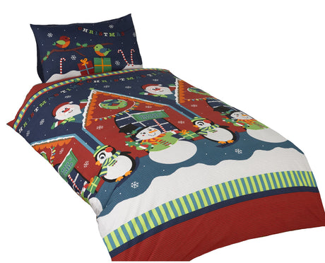 Easy-care bedding featuring festive holiday characters including Santa, snowmen, and penguins in a durable British-designed duvet set