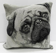 A 43x43cm multi-coloured pug face filled cushion, perfect for adding charm and character to your living space with its cool jaquard woven design