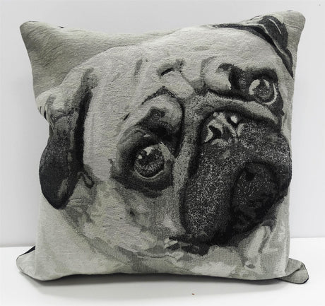 A 43x43cm multi-coloured pug face filled cushion, perfect for adding charm and character to your living space with its cool jaquard woven design
