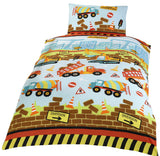 Fun and vibrant toddler and single size Under Construction Duvet Set with construction-themed print and easy care polycotton fabric