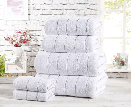 Complete Sandringham towel collection with bath sheets, towels, and face cloths featuring luxurious striped design