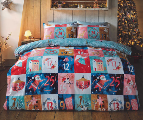 A cosy, festive microfibre duvet set featuring a colourful advent calendar print, with matching pillowcases, designed for easycare, non-iron, and reversible use, perfect for holiday bedroom decor