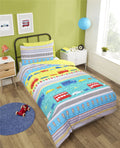 A transport-themed duvet set featuring motorbikes, lorries, aeroplanes, traffic lights, and stop/go signs for children's bedrooms