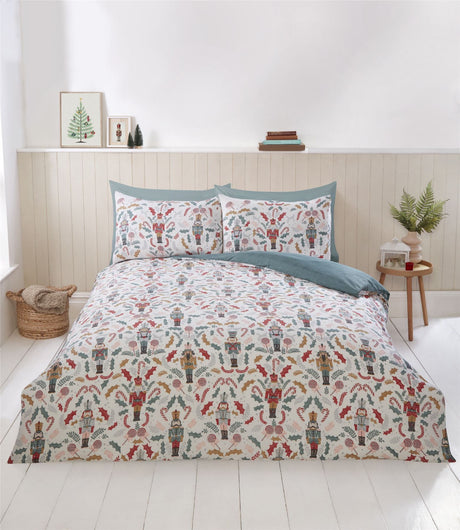 Vibrant blue and multicolour Nutcracker-themed duvet set showcasing playful holiday characters