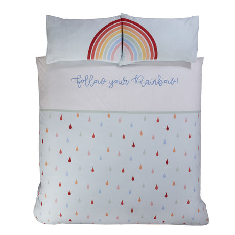 Close-up of Follow Your Rainbow duvet cover showcasing muted bright rainbow colours and popper closure