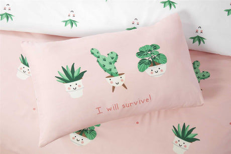 Double size quilt set showcasing adorable plant faces and slogan on pillowcase, made from cosy, easy-to-maintain microfibre fabric