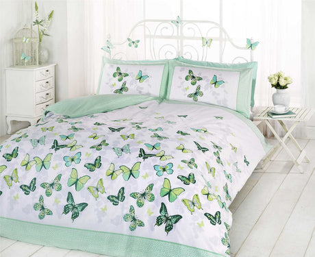 Butterflies fluttering on modern-themed Flutter Duvet Set featuring reversible designs for nature lovers