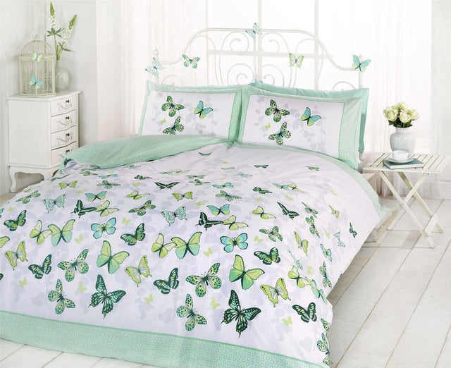 Butterflies fluttering on modern-themed Flutter Duvet Set featuring reversible designs for nature lovers