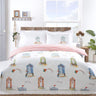 Brightly coloured Padstow Duvet Set featuring beach huts and seagulls in a watercolour style, fully reversible with a seaside stripe pattern on white microfibre fabric