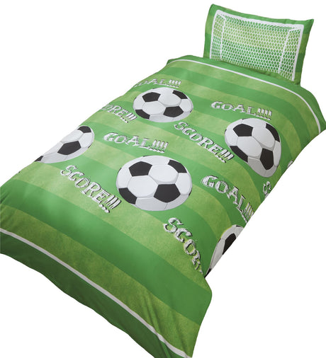 Close-up view of the Goal Duvet Set's football design, showcasing footballs, the words 'score' and 'goal', and a goal net on the pillowcase