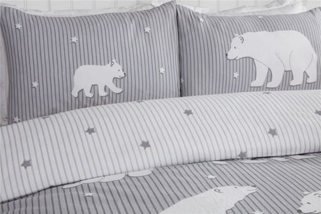 Single size grey duvet cover with polar bears and starry stripes, fully reversible brushed cotton duvet set with button closure